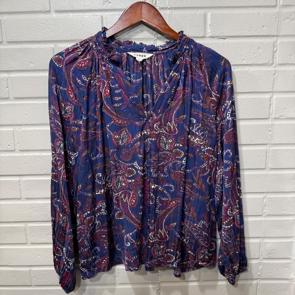 Boden Paisley Ruffle Blouse Silky Pleated Navy Blue US 10 Boho Preppy Regency